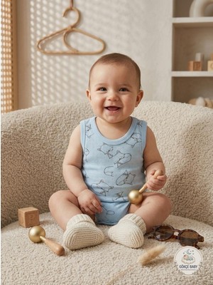 Gökçe Baby Unisex Bebek Sevimli Mavi Tilki Desenli %100 Pamuk Ajurlu Askılı Zıbın / Body