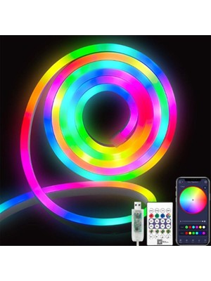 5 Metre USB Bağlantılı Rgb Pixel Neon LED - Kumandalı, Bluetooth ile Kontrol, Zamanlayıcılı Esnek Şerit Işık - Cata