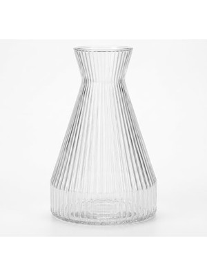 Pure Model Şeffaf Cam Vazo - Optikli (Çizgili) Dokulu, Modern Dekoratif Çiçeklik ve Masa Üstü Vazo (22X15 Cm)