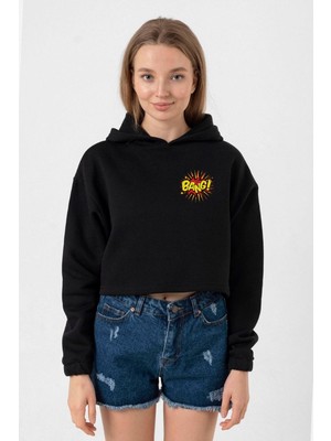 Tshirthane Big Bang Theory Bang Logo Siyah Kadın Crop Kapşonlu