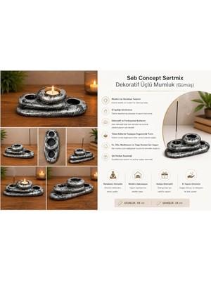 Büyük Pazar Store Seb Concept Sertmix Dekoratif Üçlü Mumluk (Gümüş)