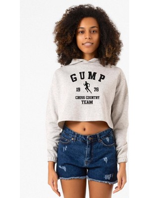 Tshirthane Forrest Gump Cross Country Team Beyaz Kırçıllı Kadın Crop Kapşonlu