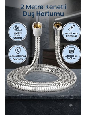Ahlez 2 Metre Spiral Duş Hortumu Metal Contalı Paslanmaz Uzun Ömürlü Banyo Hortumu