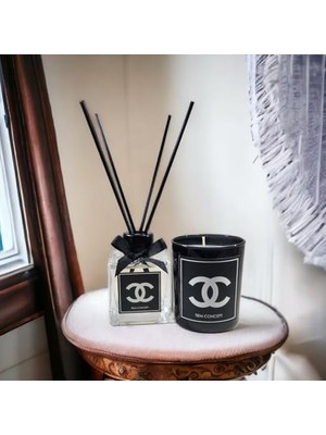 Büyük Pazar Store Tiem Consept Vanilya Kokulu Dekoratif Oda Kokusu Seti - 150G Kokulu Mum & 100ML Çubuklu Oda Kokusu (Şeffaf-Siyah, Vanilya)
