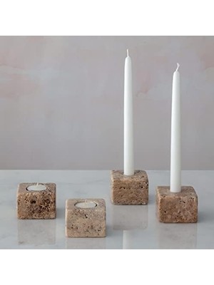 Doğal Traverten Mermer Şamdan Mumluk 4lü Set Silver