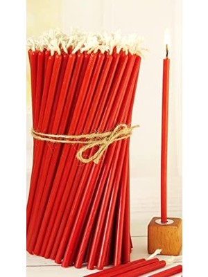 (50 Adet) Balmumu Mum ve (3 Adet) Özel Dizayn Ahşap Mumluk Dilek Mumu Doğal Petek Mum Tören Parti Doğum Günü Beeswax Candle (Kırmızı)