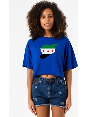 Suriye Yeni Bayrak Mavi Kadın Crop Tshirt