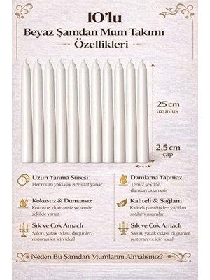 Gizmur Store Beyaz Renk Ince Şamdan Mum Seti Varaklı, 25 cm Uzunluk, 10’lu Paket, Dekoratif Taper, Şık Masa, Davet ve Özel Gün Dekorasyonu Için