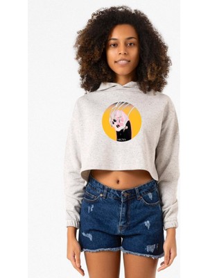 Tshirthane Meovv Meow Beyaz Kırçıllı Kadın Crop Kapşonlu