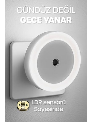 Hype Store Yuvarlak Otomatik Gece Lambası, Işığa Duyarlı Ldr Sensörlü, Fotoselli (Beyaz)