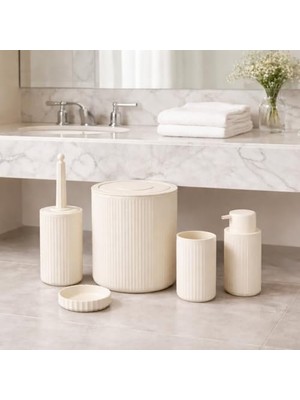 Hype Store 5’li Limon Rengi Banyo Seti – Çöp Kovası, Sıvı Sabunluk, Diş Fırçalık, Sabunluk ve Wc Fırçası – Modern Çizgili Şık Tasarım