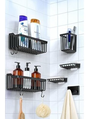 Hype Store Banyor 6'lı Banyo Seti Yapışkanlı Banyo Düzenleyici Şampuanlık Diş Fırçalık Sabunluk Askılık Takımı Siyah