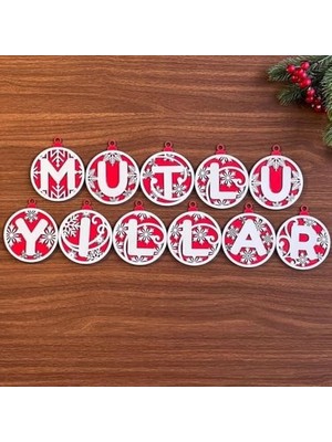 Hype Store Mutlu Yıllar Yazılı Ahşap Yılbaşı Ağaç Süsü - Kırmızı Beyaz Ipli, PRA-11857399-3958