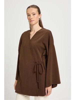 Minaaise Kadın Kahverengi Oversize Uzun Kimono Yumuşacık Modal Ceket 30006