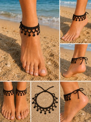Yshine Premium Midnight Black Shine El Örgüsü Barefoot Halhal Bohem Plaj Ayak Aksesuarı