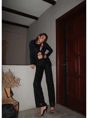 Minaaise Kadın Siyah Tam Boy Astarlı Beli Lastikli Pul Payet Pantolon 28367
