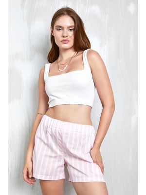 Minaaise Pembe Beyaz Çizgili %100 Pamuk Beli Lastikli Şort 27369