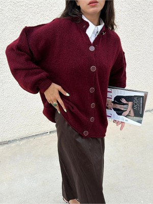 Minaaise Kadın Bordo Oversize Triko Hırka Pis Dikişli 7000
