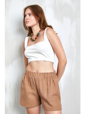 Minaaise Camel Müslin Kumaş Beli Lastikli Şort 27350