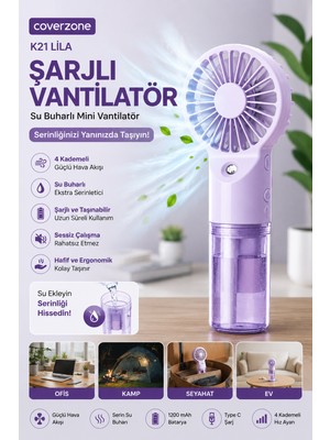 CoverZone Sessiz Şarjlı Vantilatör 4 Kademeli Su Buharlı Mini Vantilatör El Vantilatörü Su Buharlı Vantilatör Taşınabilir Fan Masaüstü Fan Serinletici Fan Ofis Kamp Seyahat Ofis Için Vantilatör K21