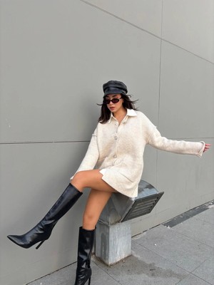 Minaaise Kadın Taş Oversize Taşlı Düğmeli Cepli Uzun Hırka 38