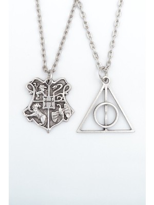 IDR 2'li Harry Potter Ölüm Yadigarları Üçgen - Hogwarts Gümüş Kaplama Kolye Seti
