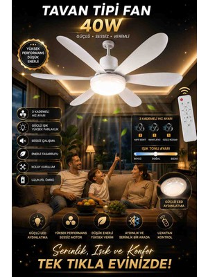 İkel Elektro 40W Kumandalı LED Tavan Vantilatörü | 3 Kademeli Hız Ayarı, 3 Renk LED Aydınlatma, Sessiz Motor, Enerji Tasarruflu Tavan Tipi Fan