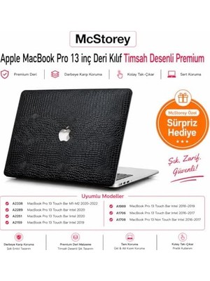 MacBook Pro 13 Inç Kılıfı A1708 A1706 A1989 A2159 A2251 A2289 A2338 M1 M2 Uyumlu Sert Kapak Timsah Desenli Deri Dokulu 360° Koruma Siyah