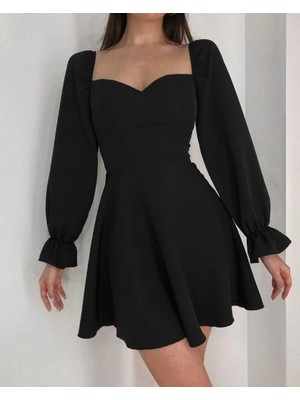 Nake Butik Kadın  Kalp Yaka Balon Kollu Mini Elbise