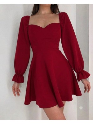 Nake Butik Kadın  Kalp Yaka Balon Kollu Mini Elbise