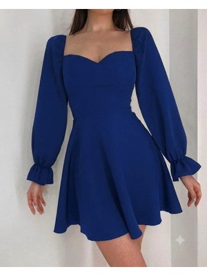 Nake Butik Kadın  Kalp Yaka Balon Kollu Mini Elbise
