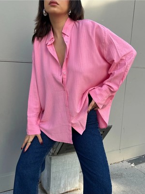 Minaaise Pembe Oversize Geniş Manşetli Kadın Gömlek 27384