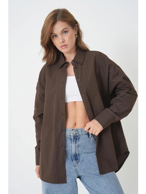 Minaaise Kadın Kahve %100 Pamuk Oversize Tunik Gömlek 30017