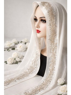 Ceylan Collection Mevlüt Örtüsü - Kırık Beyaz Boncuk Işlemeli Özel Tasarım Şifon Mevlüt Örtüsü 75×150