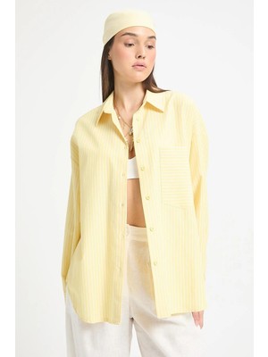 Minaaise Sarı Beyaz Çizgili Oversize Cepli Gömlek 27135