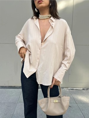 Minaaise Bej Oversize Geniş Manşetli Kadın Gömlek 27384