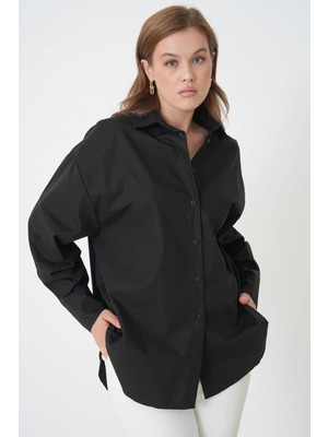 Minaaise Kadın Siyah %100 Pamuk Oversize Tunik Gömlek 30017