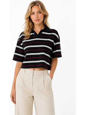 Karel Butik Bordo Beyaz Çizgili Siyah Polo Yaka Crop Tişört