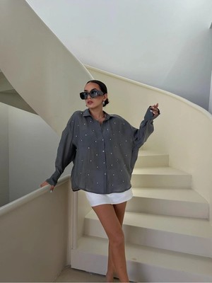 Minaaise Oversize Taş Detaylı Tensel Kumaş Antrasit Gömlek