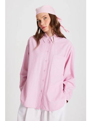 Minaaise Pembe Beyaz Çizgili Oversize Cepli Gömlek 27135