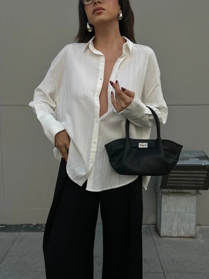 Minaaise Beyaz Oversize Geniş Manşetli Kadın Gömlek 27384
