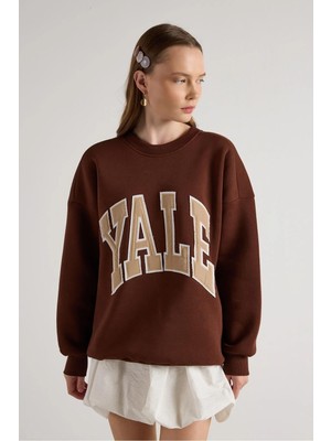Minaaise Kadın Kahve Nakışlı Şardonlu Oversize Sweatshirt 30080