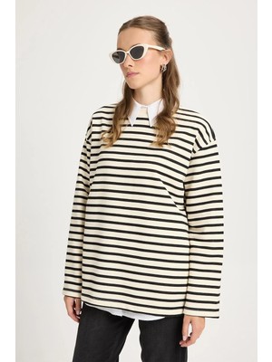 Minaaise Kadın Çizgili Oversize Siyah Krem Sweatshirt 30010