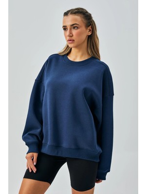 Minaaise Kadın İndigo 3 İplik Penye Şardonlu Oversize Sweatshirt 28050