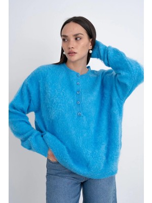 Minaaise Düğmeli Oversize Triko Kazak Mavi 30031