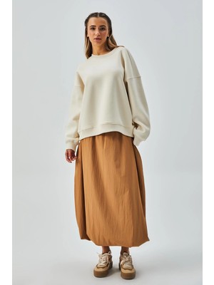 Minaaise Kadın Ekru 3 İplik Penye Şardonlu Oversize Sweatshirt 28050