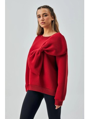 Minaaise Kadın Bordo 3 İplik Şardonlu Fiyonklu Tasarım Geniş Kesim Sweatshirt 28155