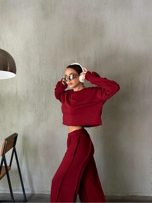 Minaaise Kadın Bordo Kolları Büzgülü Pis Dikişli Şardonsuz Sweatshirt 28062
