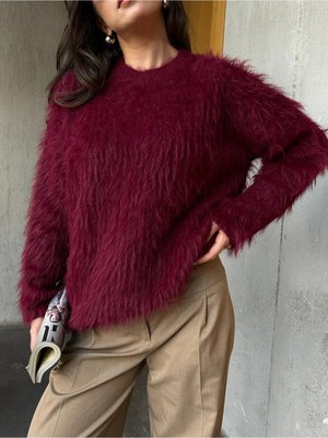 Minaaise Kadın Bordo Bisiklet Yaka Peluş Kazak 90