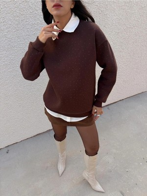 Minaaise Kadın Kahve Taşlı Oversize Sweatshirt 30067